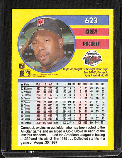 FIINR Baseball Card 1991 Fleer Kirby Puckett MLB Baseball Error Card #623 - Error Card - Mint Condition