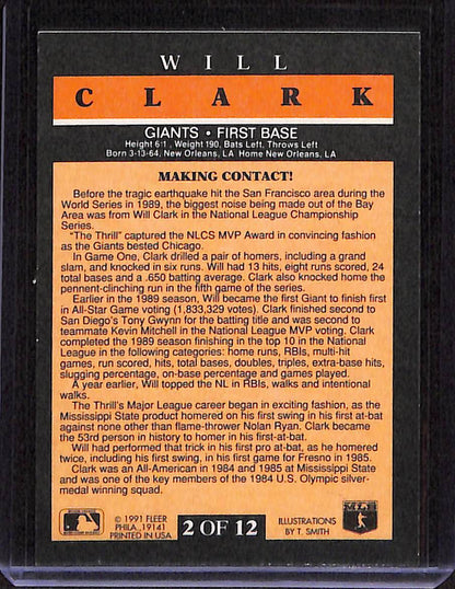 FIINR Baseball Card 1991 Fleer Making Contact Will Clark MLB Baseball Player Card #2 - Mint Condition