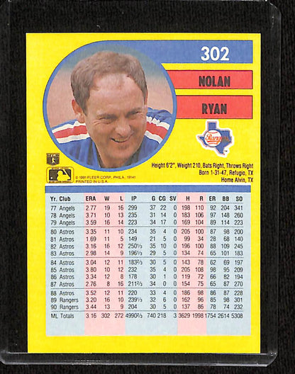 FIINR Baseball Card 1991 Fleer Nolan Ryan MLB Baseball Card Rangers #302 - Mint Condition