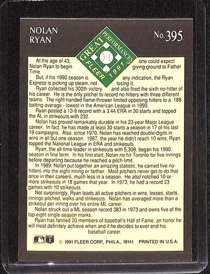 FIINR Baseball Card 1991 Fleer Nolan Ryan MLB Baseball Card Rangers #395 - Mint Condition