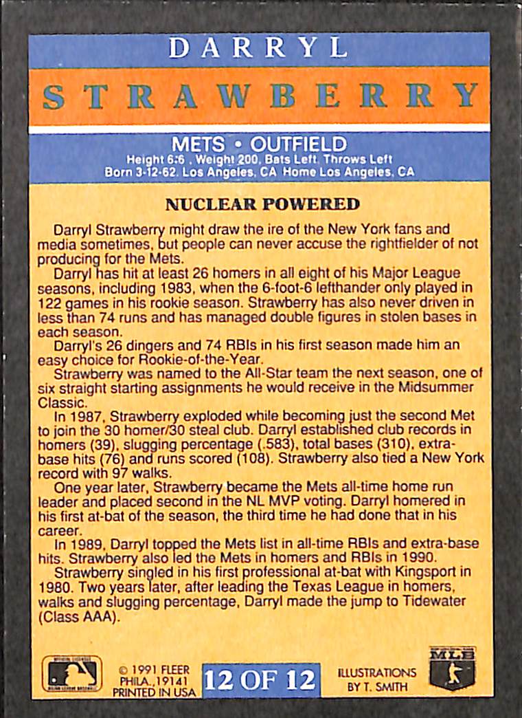 FIINR Baseball Card 1991 Fleer Nuclear Powered Darryl Strawberry Baseball Card #12 - Mint Condition