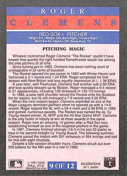 FIINR Baseball Card 1991 Fleer Pitching Magic Roger Clemens Baseball Card #9 - Mint Condition