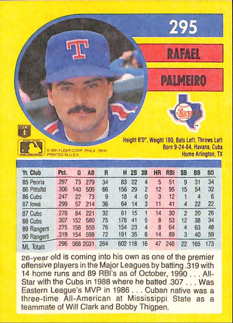 FIINR Baseball Card 1991 Fleer Rafael Palmeiro MLB Baseball Card #295 - Mint Condition