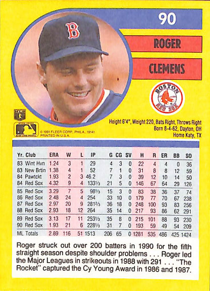 FIINR Baseball Card 1991 Fleer Roger Clemens MLB Baseball Card #90 - Mint Condition