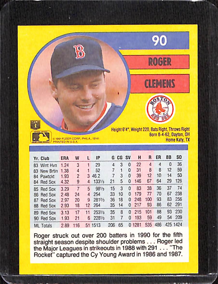 FIINR Baseball Card 1991 Fleer Roger Clemens MLB Baseball Card #90 - Mint Condition