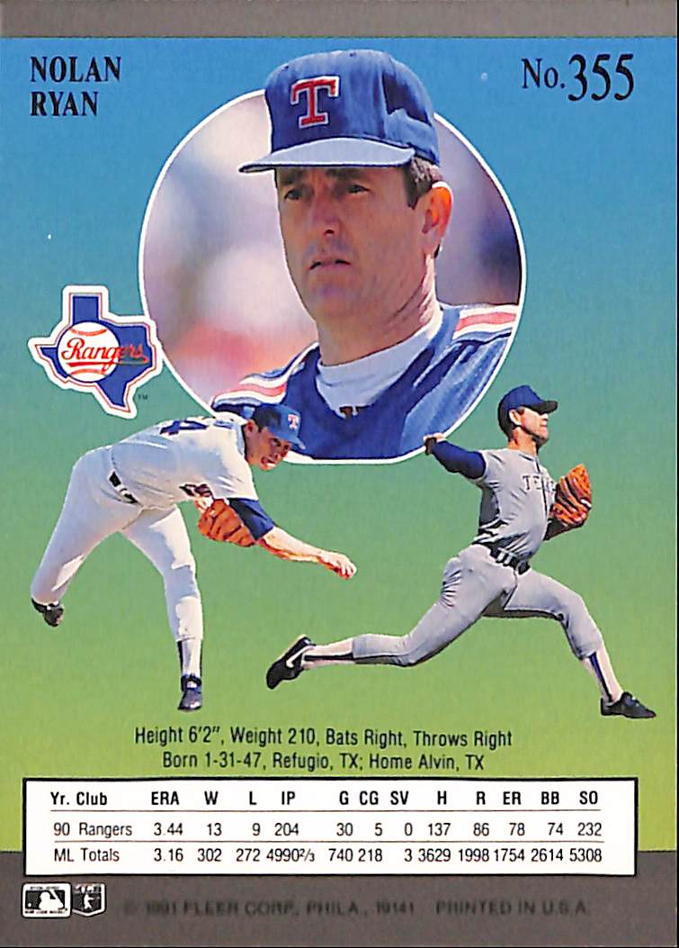 FIINR Baseball Card 1991 Fleer Ultra Nolan Ryan MLB Baseball Card #355 - Mint Condition