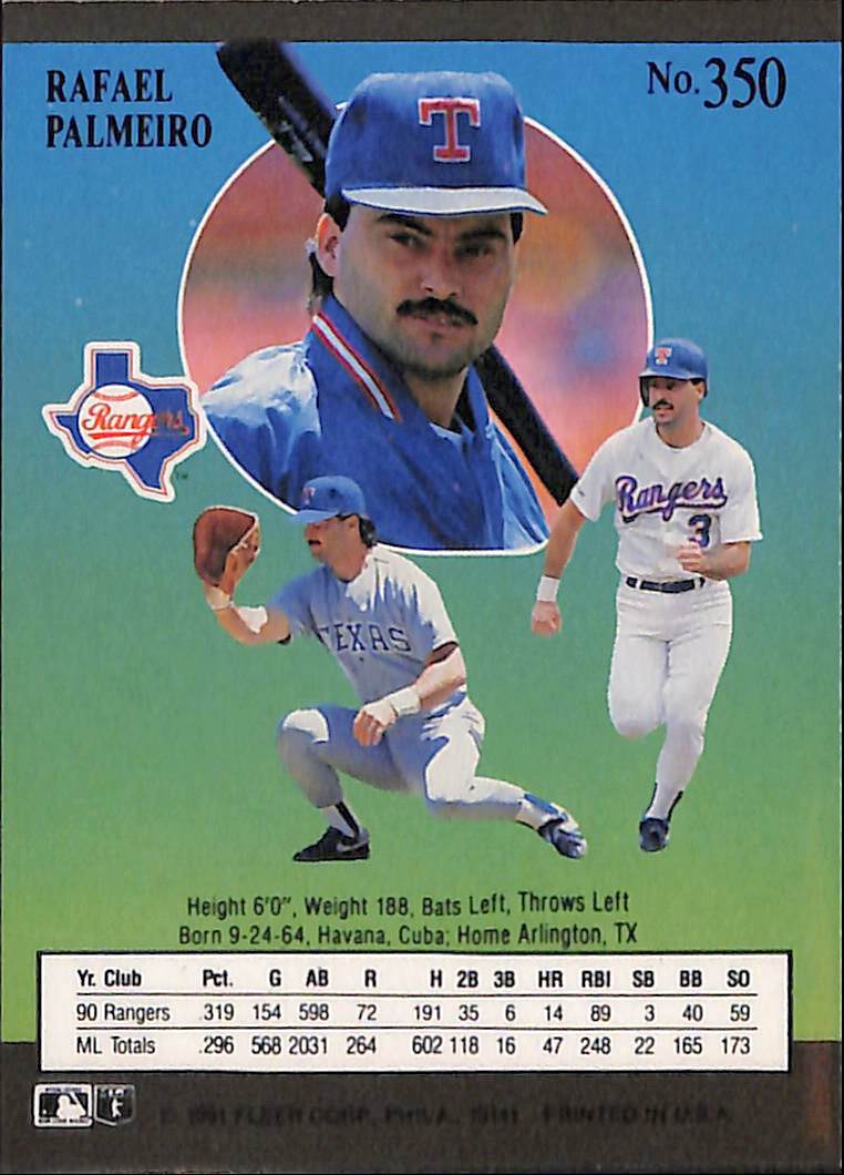 FIINR Baseball Card 1991 Fleer Ultra  Rafael Palmeiro MLB Baseball Card #350 - Mint Condition