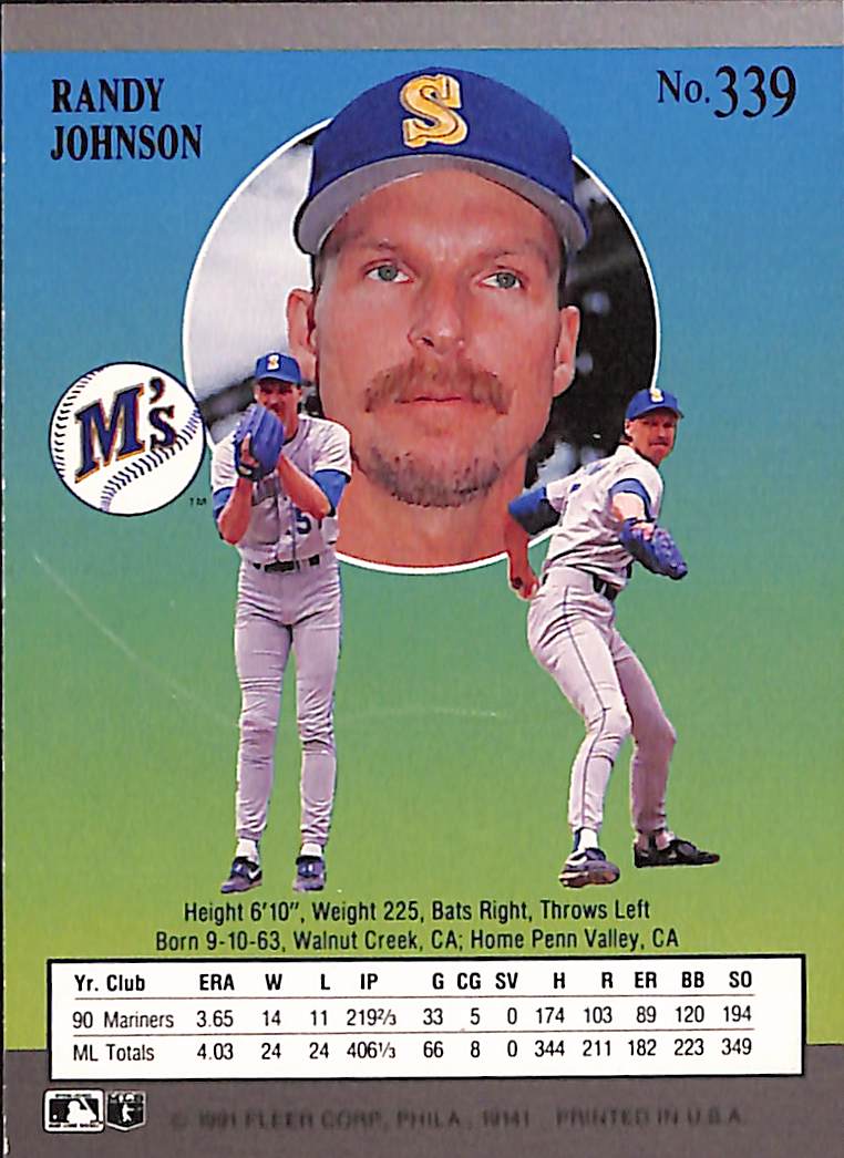 FIINR Baseball Card 1991 Fleer Ultra Randy Johnson MLB Baseball Card #339 - Mint Condition