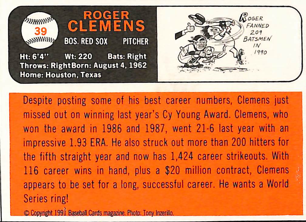 FIINR Baseball Card 1991 Roger Clemens Baseball Cards Magazine Repli-Card #39 - Mint Condition
