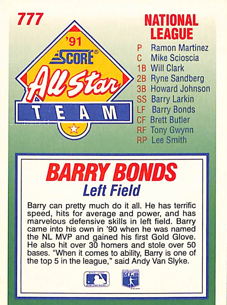 FIINR Baseball Card 1991 Score All Star Team Barry Bonds Baseball Card #777 - Mint Condition