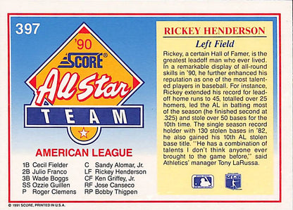 FIINR Baseball Card 1991 Score Big Head Rickey Henderson Vintage Baseball Card #397 - Mint Condition