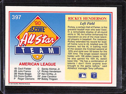 FIINR Baseball Card 1991 Score Big Head Rickey Henderson Vintage Baseball Card #397 - Mint Condition