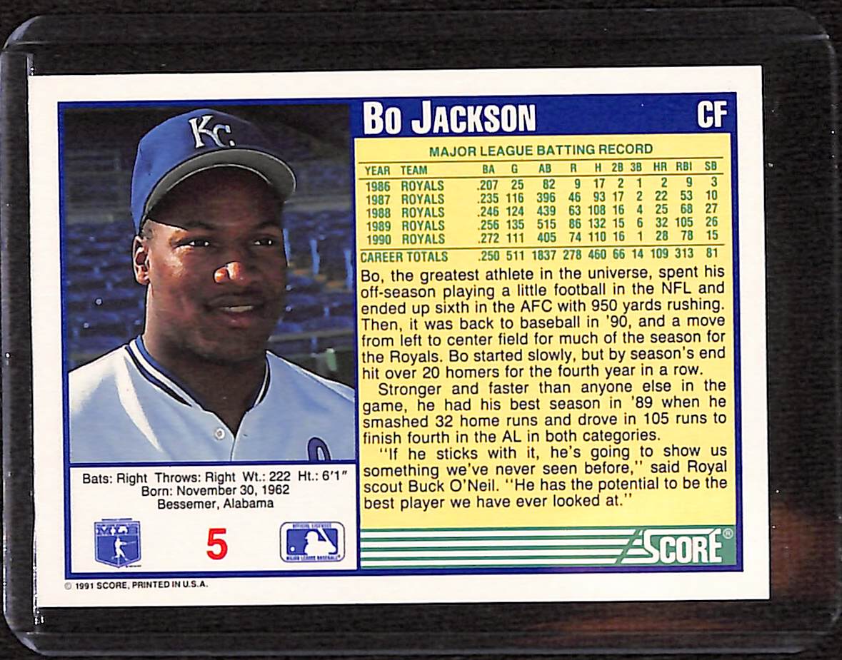 FIINR Baseball Card 1991 Score  Bo Jackson Baseball Card Royals #5 - Mint Condition