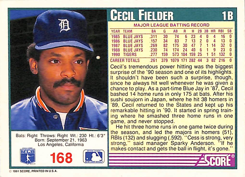 FIINR Baseball Card 1991 Score Cecil Fielder MLB Baseball Card #1B - Mint Condition