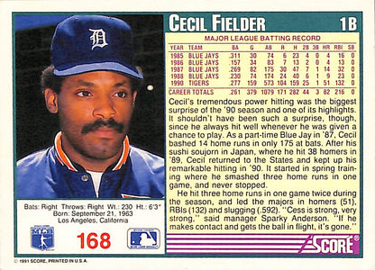 FIINR Baseball Card 1991 Score Cecil Fielder MLB Baseball Card #1B - Mint Condition