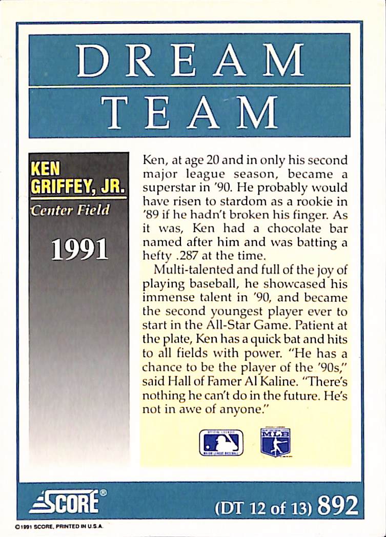 FIINR Baseball Card 1991 Score Dream Team Ken Griffey Jr. MLB Baseball Card #892 - Mint Condition