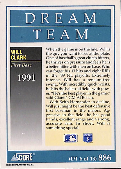 FIINR Baseball Card 1991 Score Dream Team Will Clark MLB Baseball Player Card #886 - Mint Condition