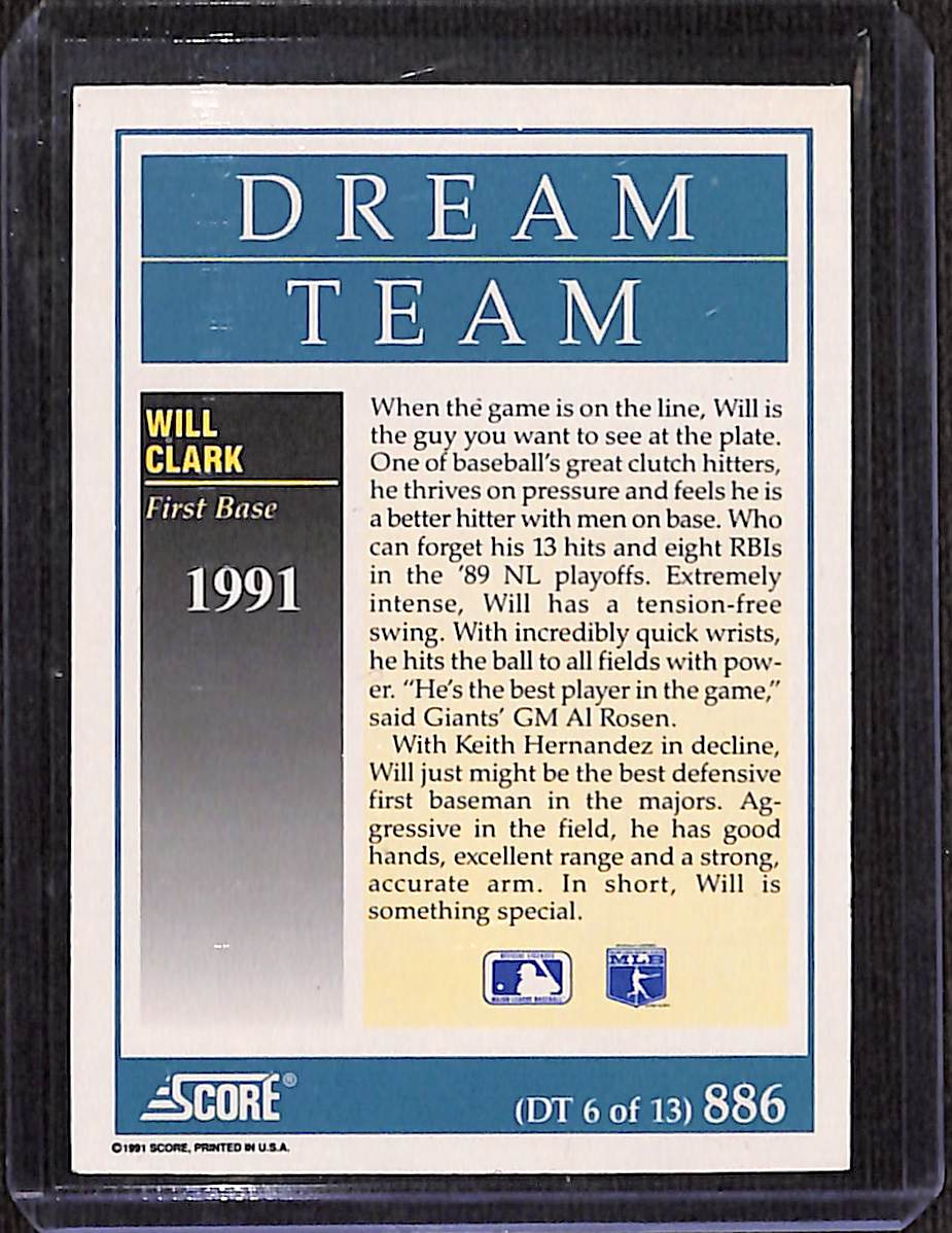 FIINR Baseball Card 1991 Score Dream Team Will Clark MLB Baseball Player Card #886 - Mint Condition