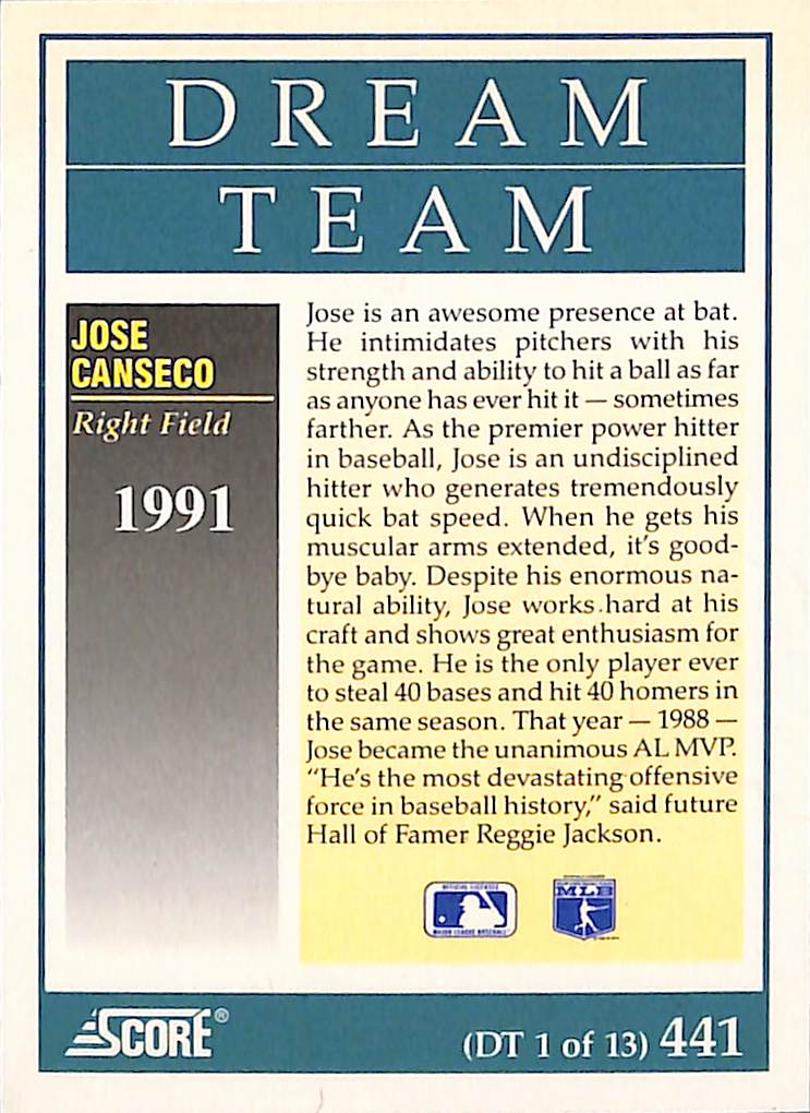 FIINR Baseball Card 1991 Score Dream The Team Jose Canseco Baseball Card #441 - Mint Condition