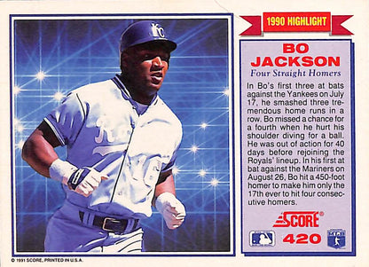FIINR Baseball Card 1991 Score Highlight Bo Jackson Baseball Card Royals #420 - Mint Condition