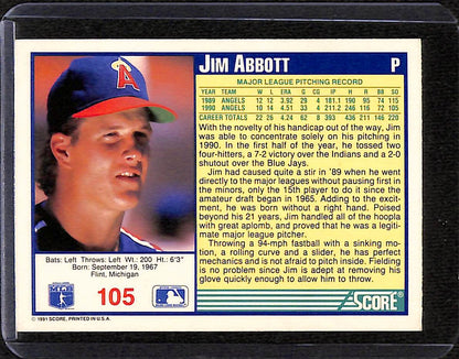FIINR Baseball Card 1991 Score Jim Abbott MLB Baseball Card #105 - Mint Condition