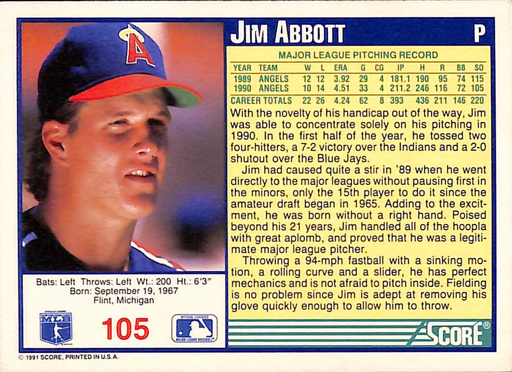 FIINR Baseball Card 1991 Score Jim Abbott MLB Baseball Card #105 - Mint Condition