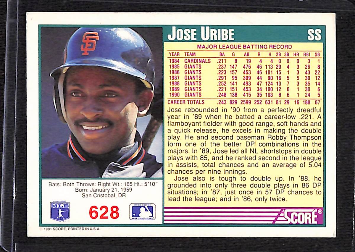 FIINR Baseball Card 1991 Score Jose Uribe MLB Baseball Card #628 - Mint Condition
