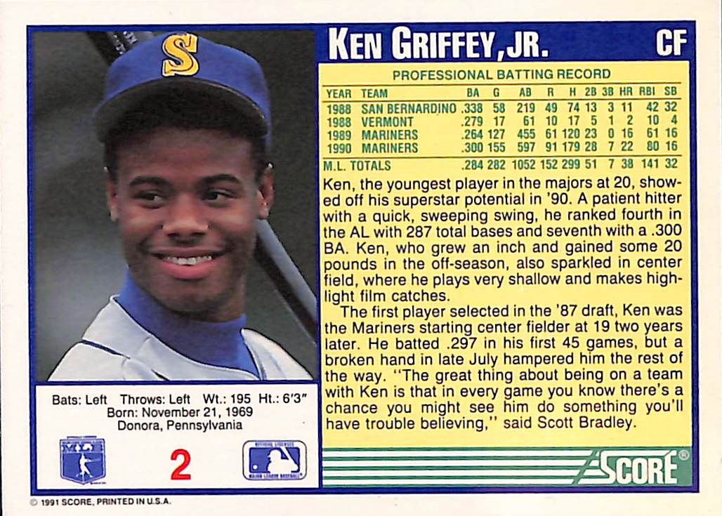 FIINR Baseball Card 1991 Score Ken Griffey Jr. Baseball Card #2 - Mint Condition