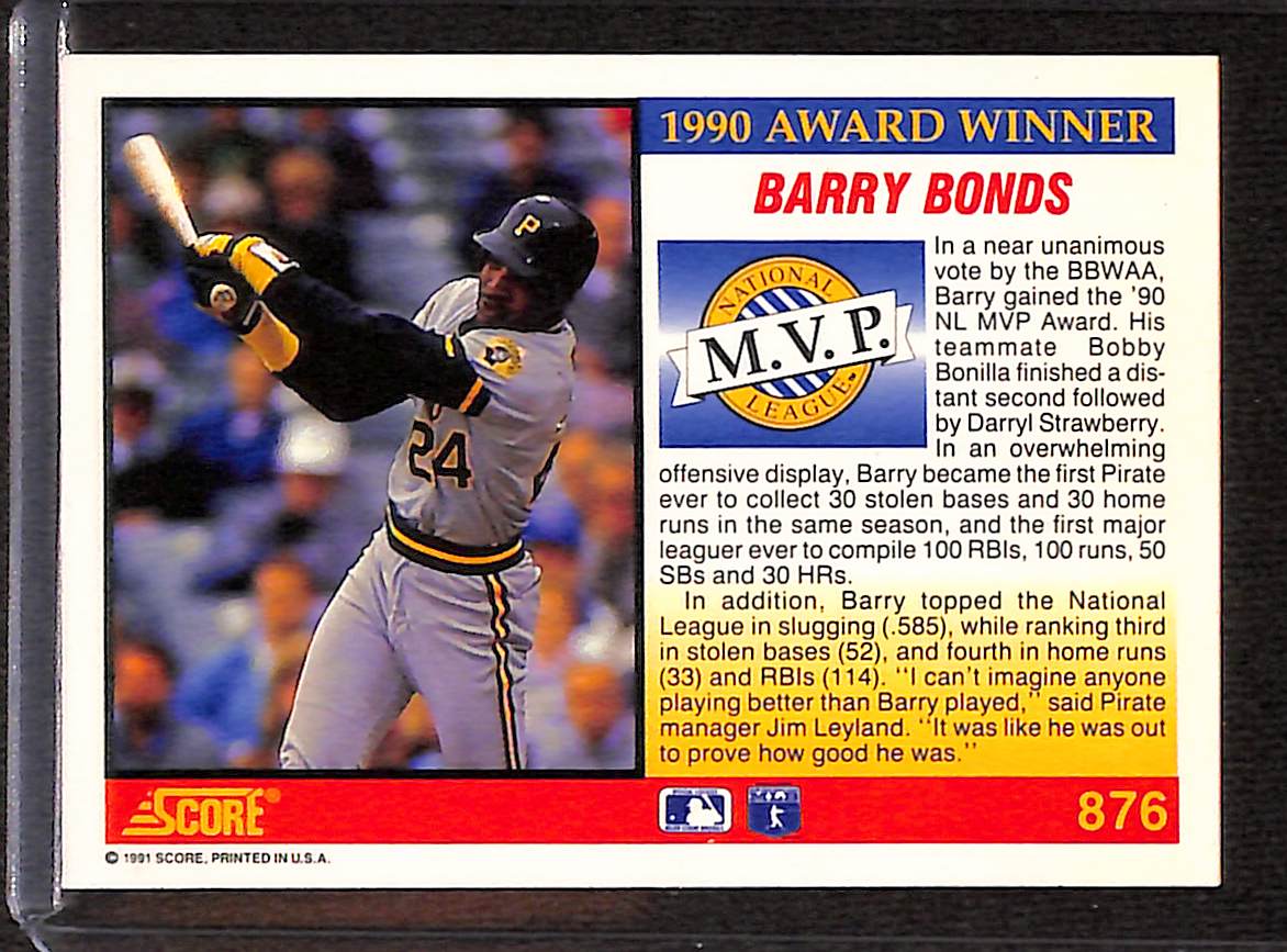 FIINR Baseball Card 1991 Score MVP Barry Bonds Baseball Card #876 - Mint Condition