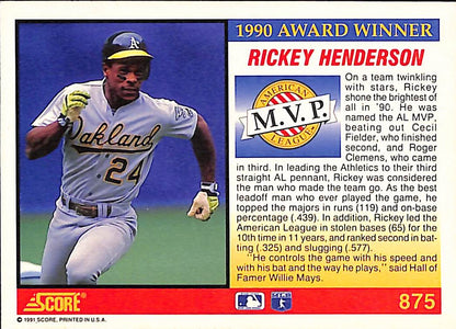 FIINR Baseball Card 1991 Score MVP Rickey Henderson Vintage Baseball Card #875 - Mint Condition