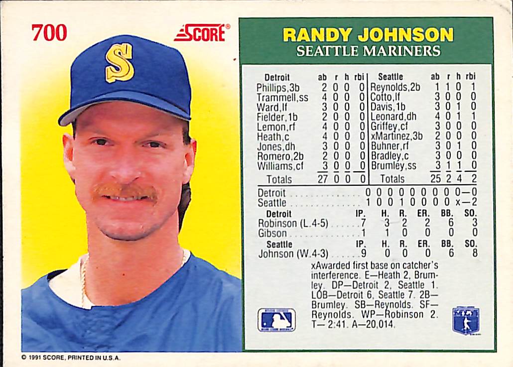 FIINR Baseball Card 1991 Score No Hit Club Randy Johnson Baseball Card #700 - Mint Condition