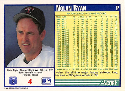 FIINR Baseball Card 1991 Score Nolan Ryan Rangers Baseball Card #4 - Mint Condition