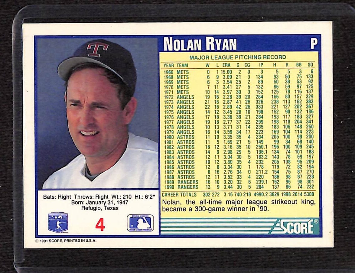 FIINR Baseball Card 1991 Score Nolan Ryan Rangers Baseball Card #4 - Mint Condition