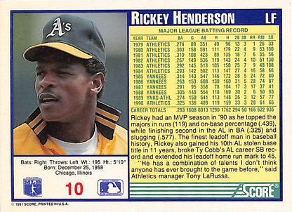 FIINR Baseball Card 1991 Score Rickey Henderson Baseball Card #10 - Mint Condition