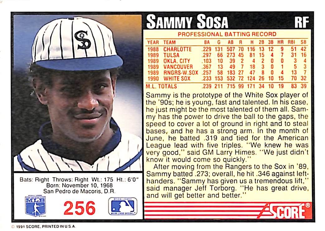 FIINR Baseball Card 1991 Score Sammy Sosa MLB Baseball Error Card #256 - Error Card - Mint Condition