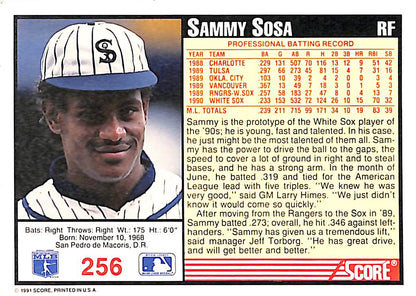 FIINR Baseball Card 1991 Score Sammy Sosa MLB Baseball Error Card #256 - Error Card - Mint Condition