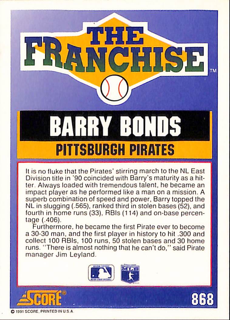 FIINR Baseball Card 1991 Score The Franchise Barry Bonds Baseball Card #868 - Mint Condition