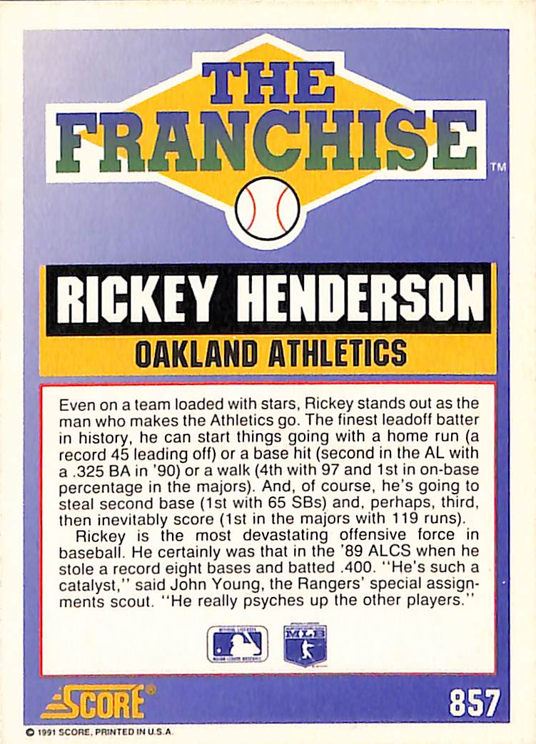 FIINR Baseball Card 1991 Score The Franchise Rickey Henderson Vintage Baseball Card #857 - Mint Condition