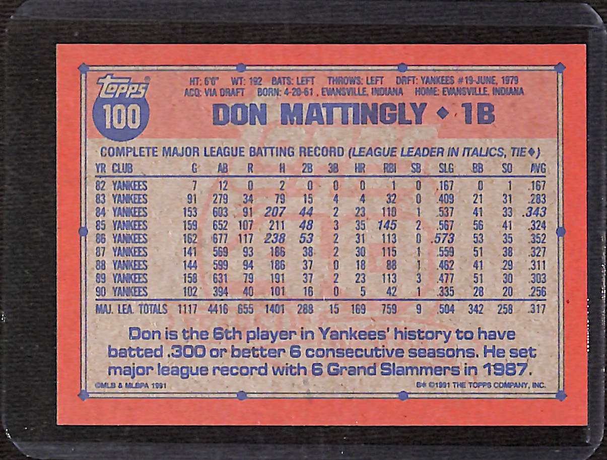 FIINR Baseball Card 1991 Topps 40 Don Mattingly MLB Baseball Card #100 - Pristine - Mint Condition