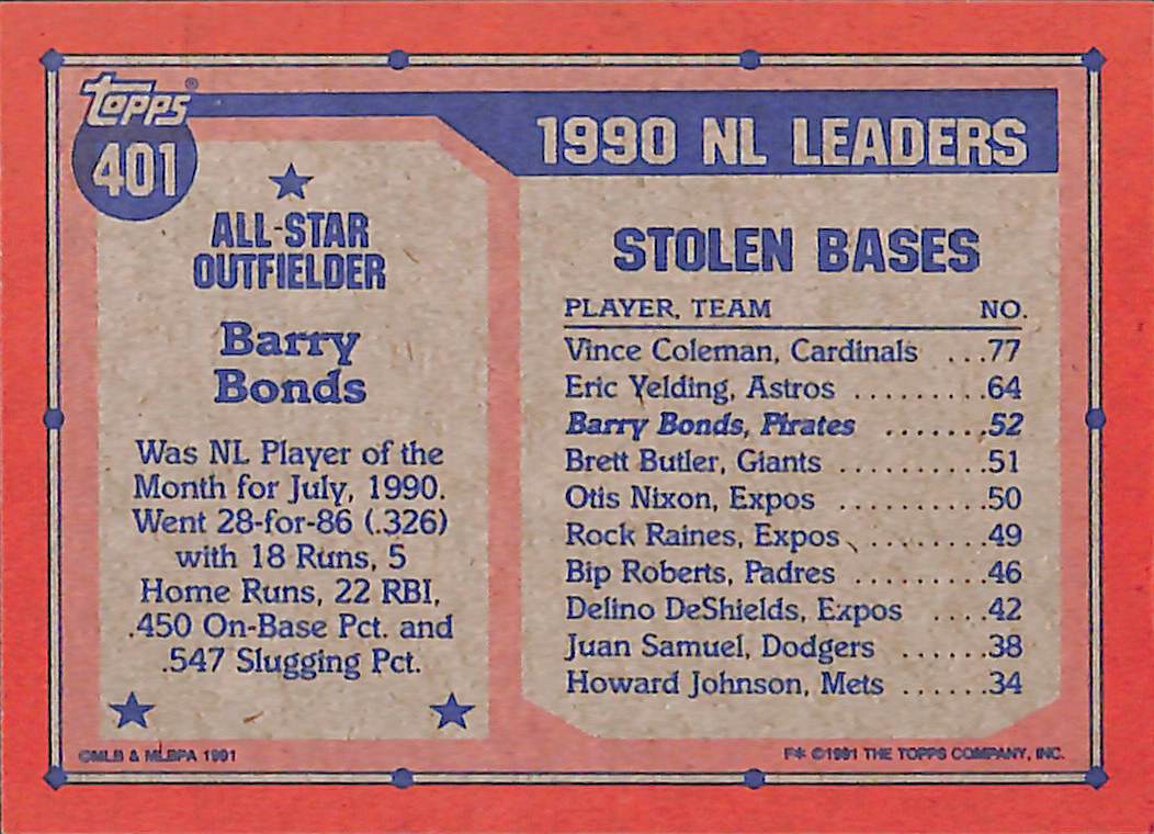 FIINR Baseball Card 1991 Topps 40 Years All-Star Barry Bonds Baseball Card #401 - Mint Condition