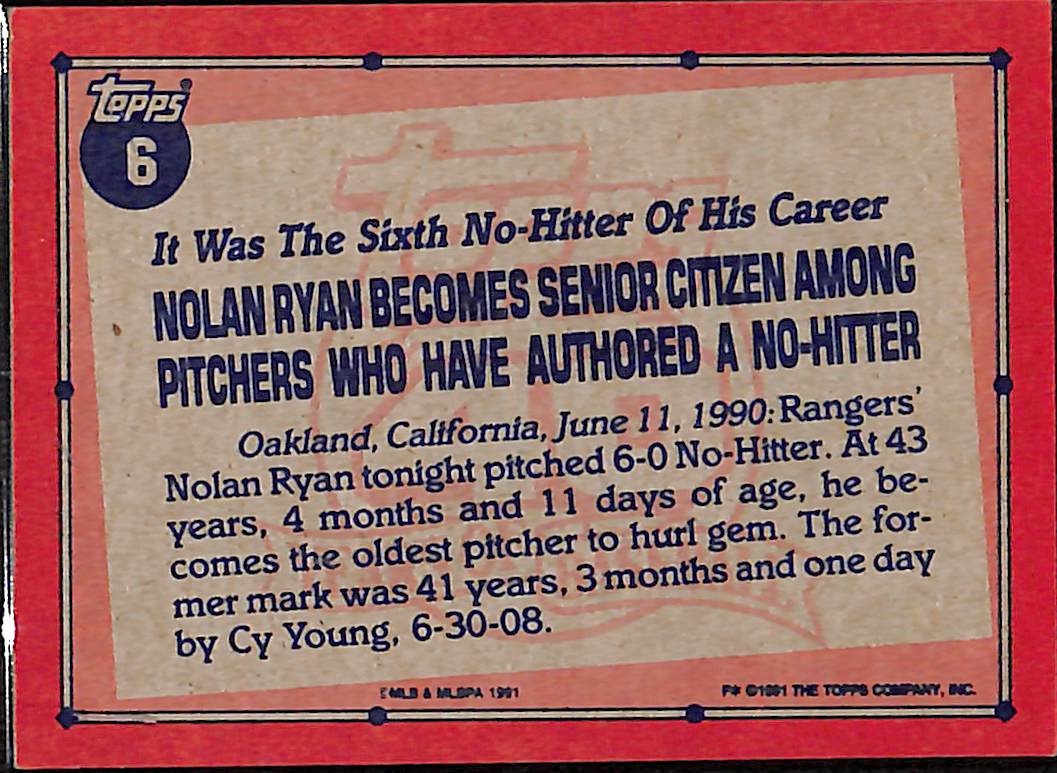 FIINR Baseball Card 1991 Topps Nolan Ryan Record Breaker Topps 40 Years Baseball Card #6 - Mint Condition