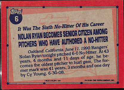 FIINR Baseball Card 1991 Topps Nolan Ryan Record Breaker Topps 40 Years Baseball Card #6 - Mint Condition