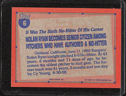 FIINR Baseball Card 1991 Topps Nolan Ryan Record Breaker Topps 40 Years Baseball Card #6 - Mint Condition