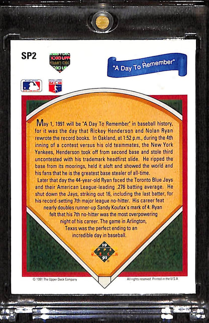 FIINR Baseball Card 1991 Upper Deck Nolan Ryan & Rickey Henderson - Day To Remember #SP2- Mint Condition