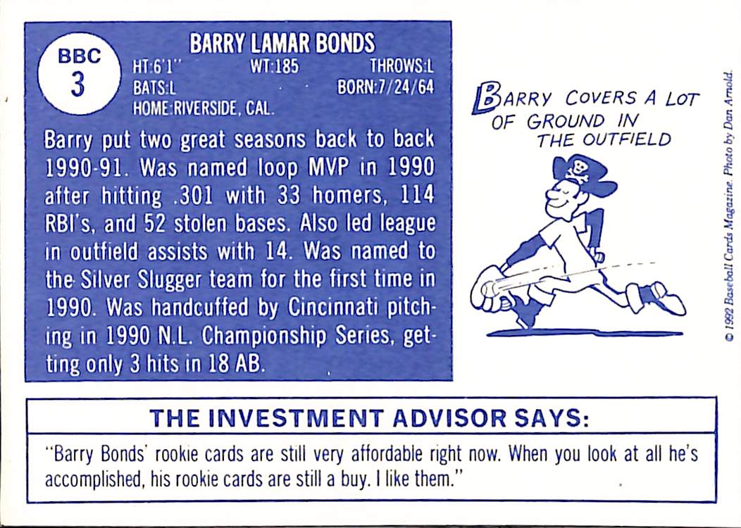 FIINR Baseball Card 1992 Baseball Collector Cards Magazine Barry Bonds MLB Baseball Card #3 - Mint Condition