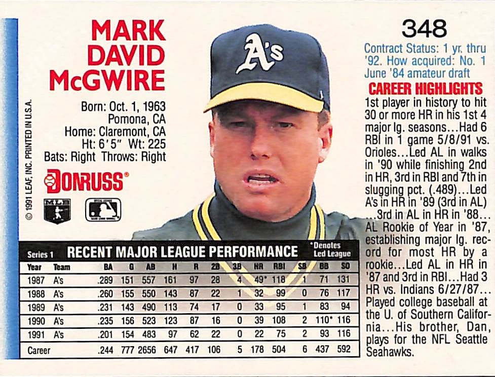 FIINR Baseball Card 1992 Donruss Mark McGwire Baseball Card #348- Mint Condition