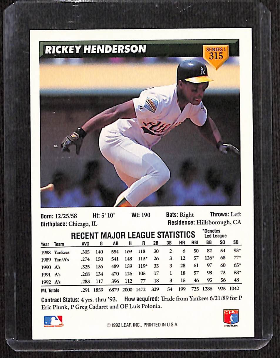 FIINR Baseball Card 1992 Donruss Rickey Henderson Baseball Card #315 - Mint Condition