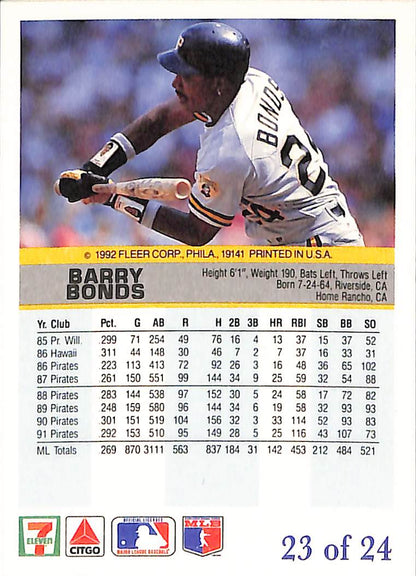 FIINR Baseball Card 1992 Fleer Barry Bonds Baseball Card #23 - Mint Condition