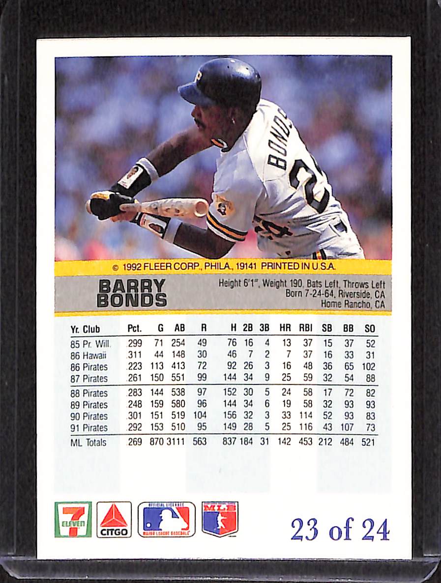 FIINR Baseball Card 1992 Fleer Barry Bonds Baseball Card #23 - Mint Condition