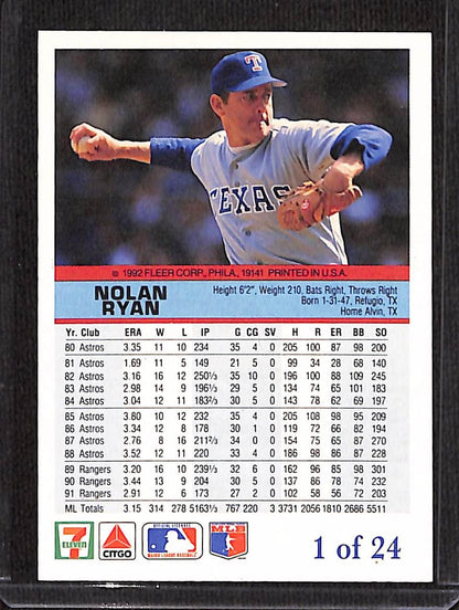 FIINR Baseball Card 1992 Fleer Nolan Ryan MLB Baseball Card #1 of 24 - Mint Condition